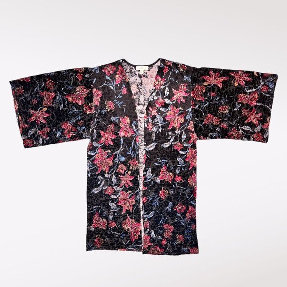 Monteau Black Pink Blue Crushed Velvet Floral Burnout Kimono Jacket Small - Picture 10 of 10